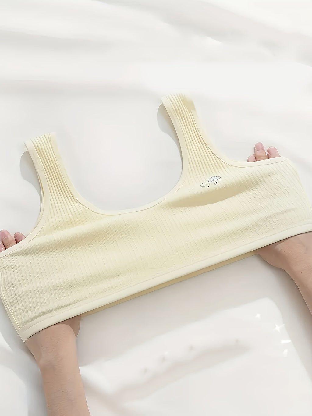 Girls' Ribbed Training Bras Four Pack with Removable Pads and Small Embroidered Details in Mixed Colors