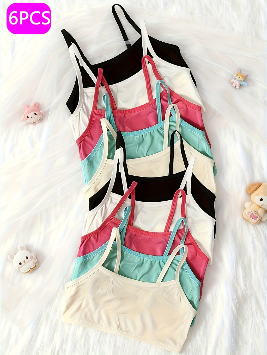 Girls' First Bras Six Pack in Assorted Colors with Slim Straps and Stretch Bands for Daily Layering
