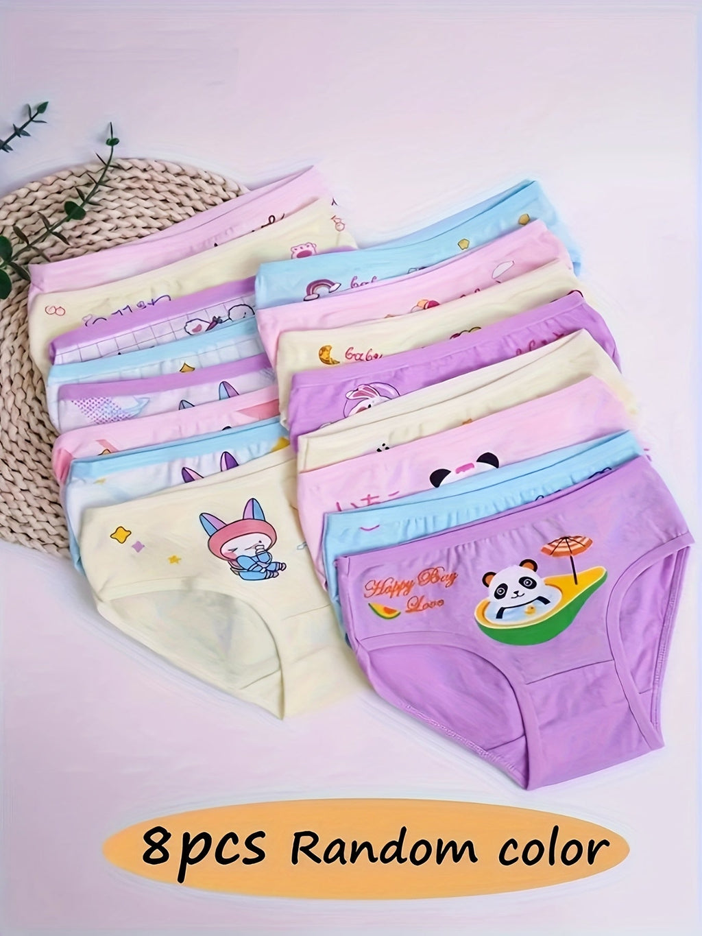 Girls' Cartoon Briefs 8-Pack in Random Mixed Colors with Animal Prints for Everyday Underwear Changes