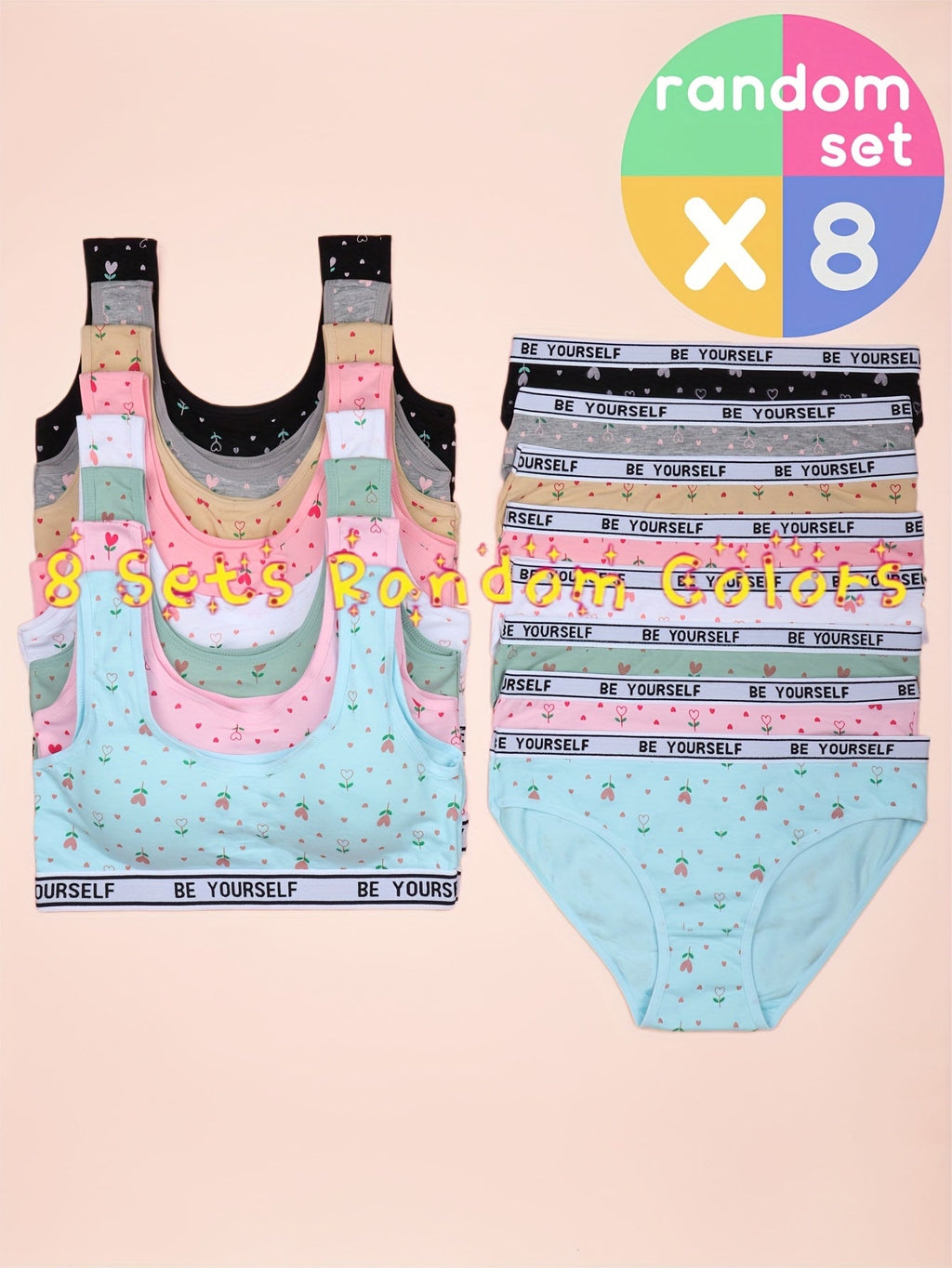 Girls' Eight Training Bra and Brief Sets in Assorted Colors with Heart Prints and Lettered Elastic Bands