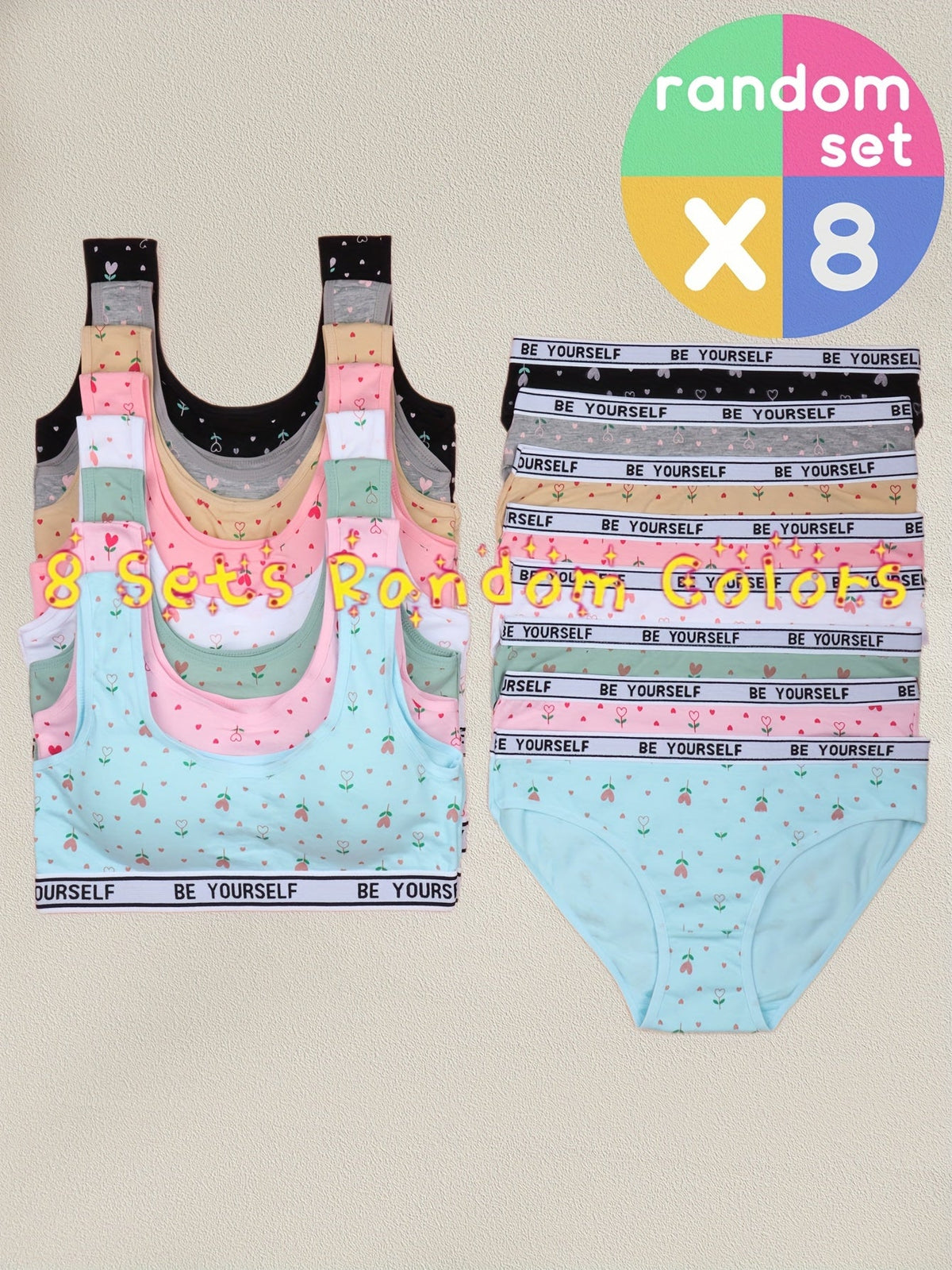 Girls' Eight Training Bra and Brief Sets in Assorted Colors with Heart Prints and Lettered Elastic Bands