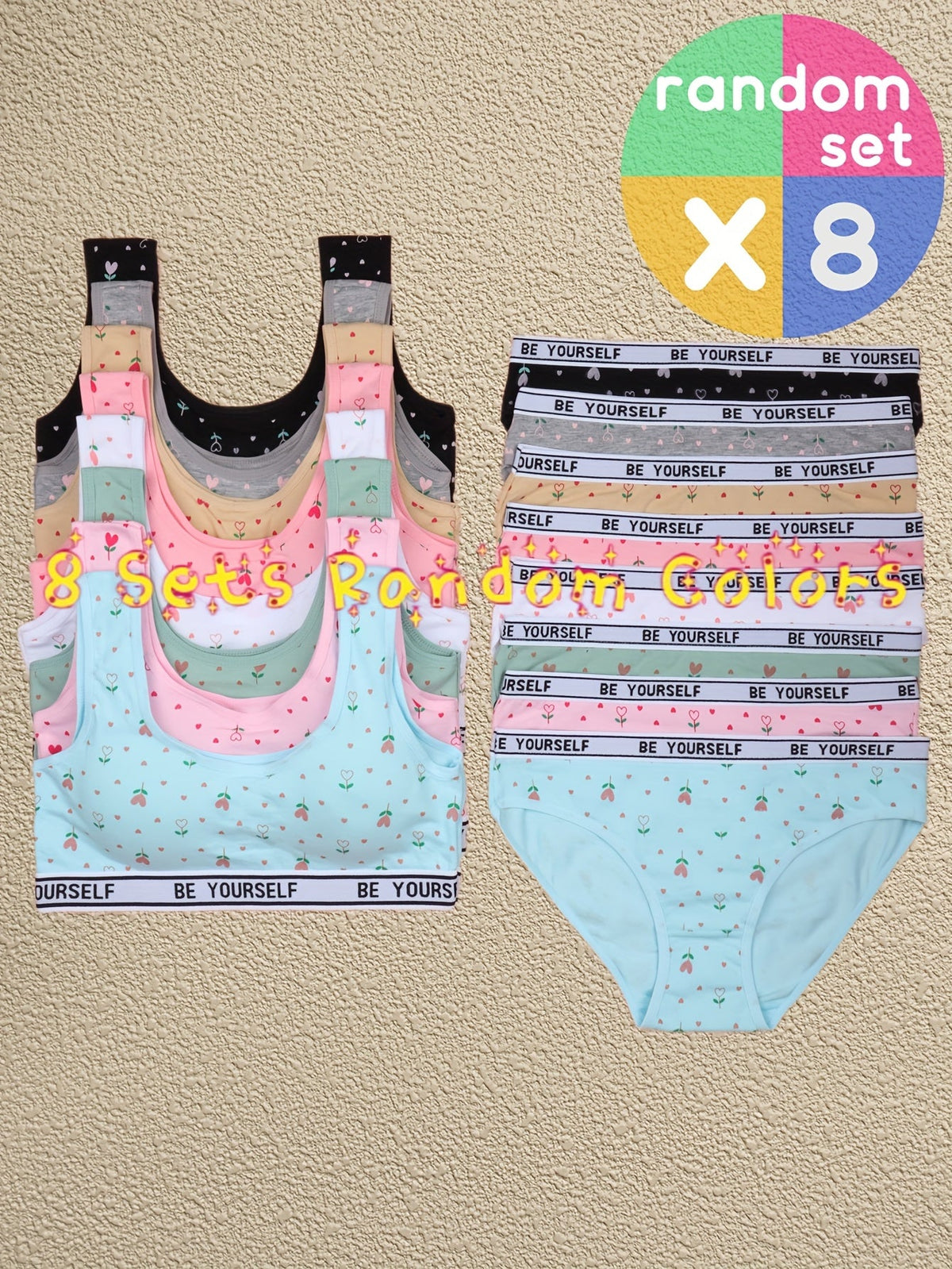 Girls' Eight Training Bra and Brief Sets in Assorted Colors with Heart Prints and Lettered Elastic Bands