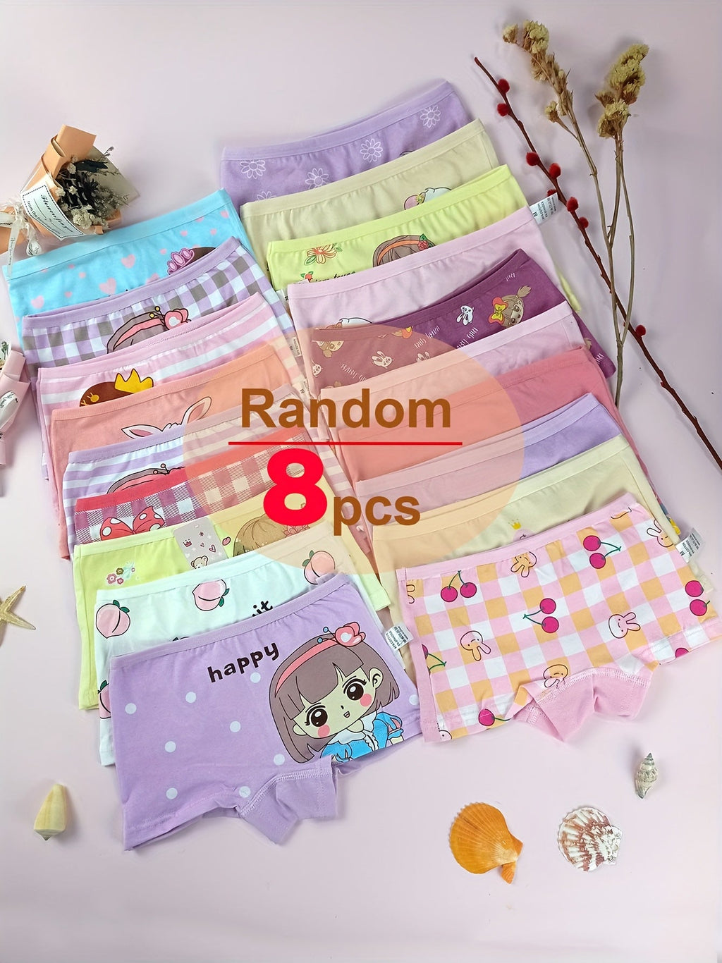 Girls Boxer Briefs Eight-Pack with Random Cartoon Prints and Short Legs for Everyday Underwear Changes