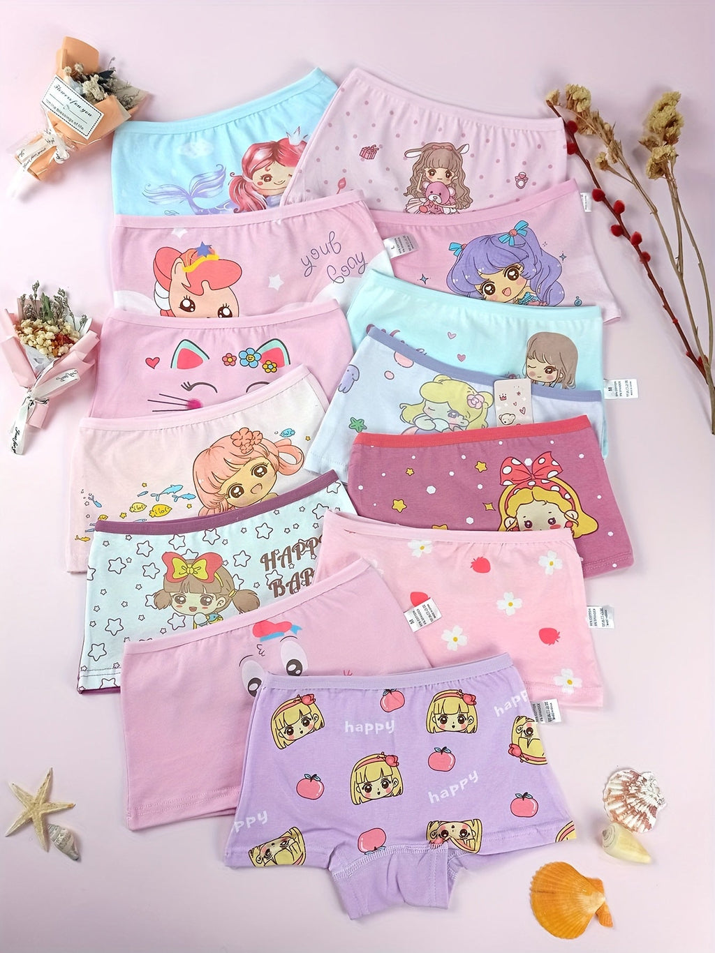 Girls Boxer Briefs Eight-Pack with Random Cartoon Prints and Short Legs for Everyday Underwear Changes