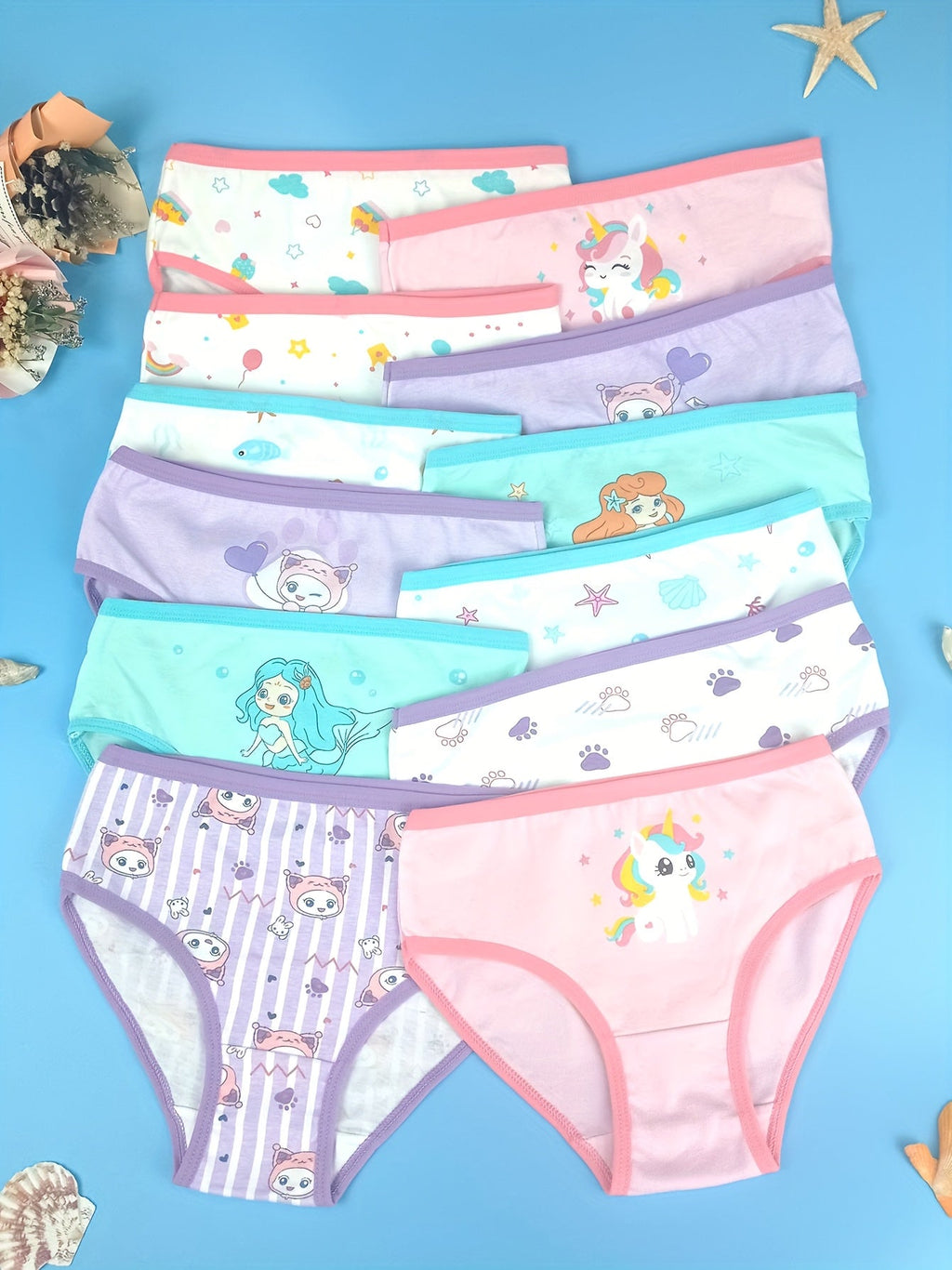 Girls' Pastel Cartoon Briefs 8-Pack in a Random Assortment with Cotton Blend Fabric for Daily Changes