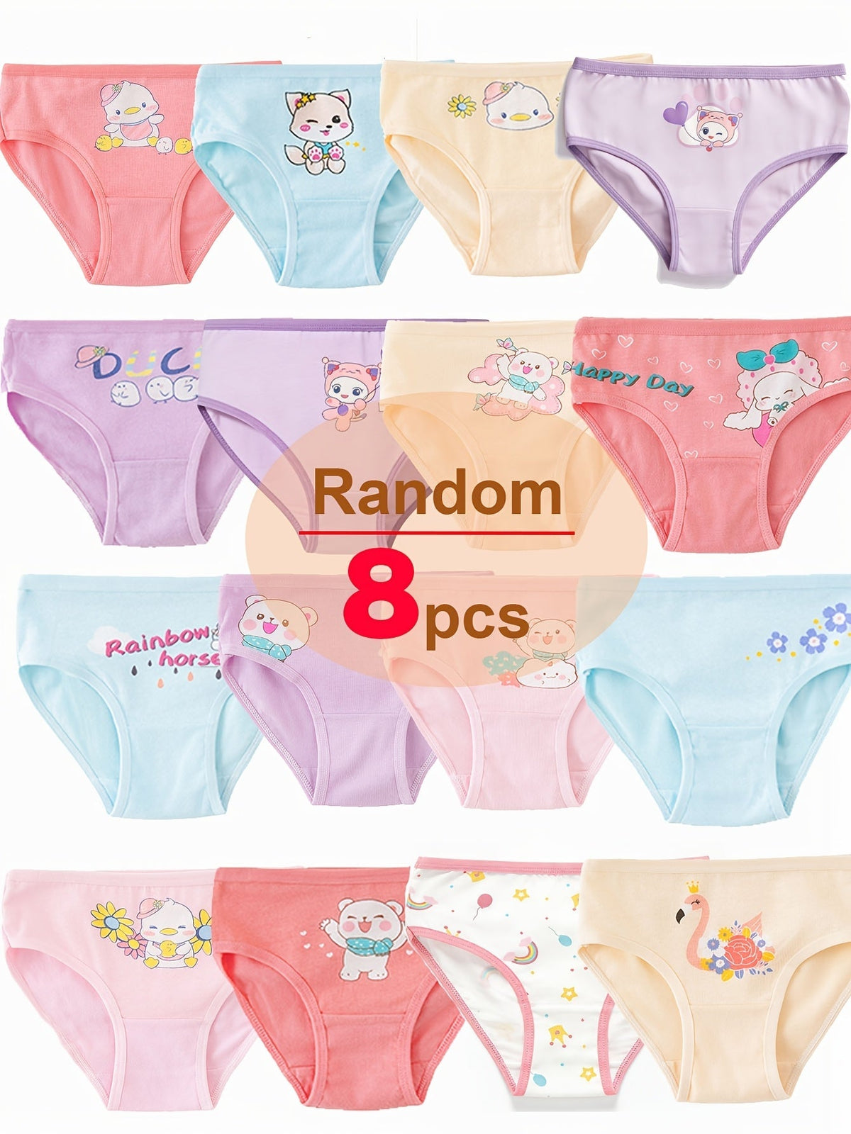 Girls' Pastel Cartoon Briefs 8-Pack in a Random Assortment with Cotton Blend Fabric for Daily Changes