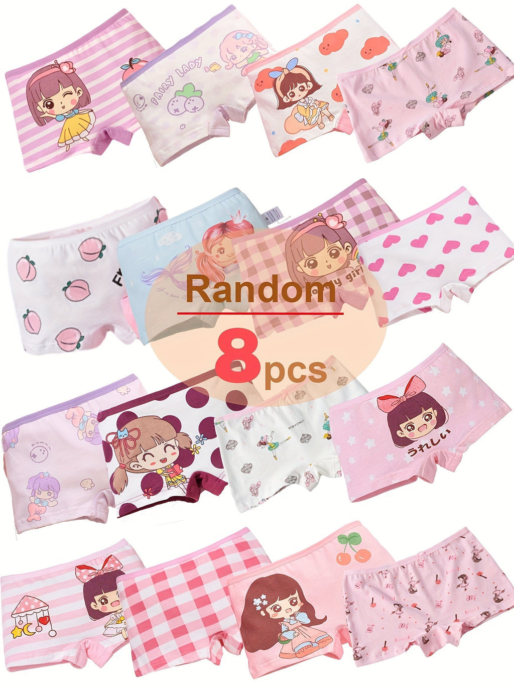 Girls' Cartoon Boxer Briefs 8-Pack in Random Colors with Short Legs for Everyday Underwear Changes