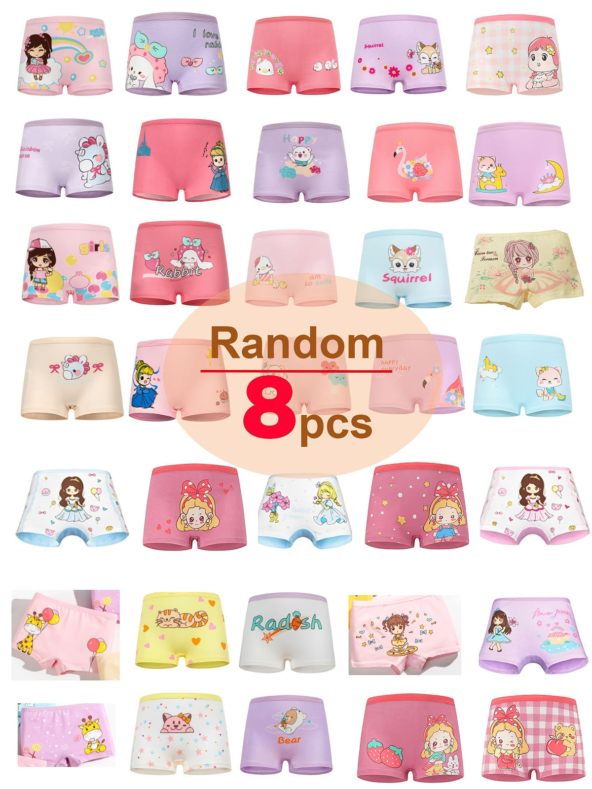 Girls' Cartoon Boxer Briefs 8-Pack in Random Colors with Short Legs for Everyday Underwear Changes