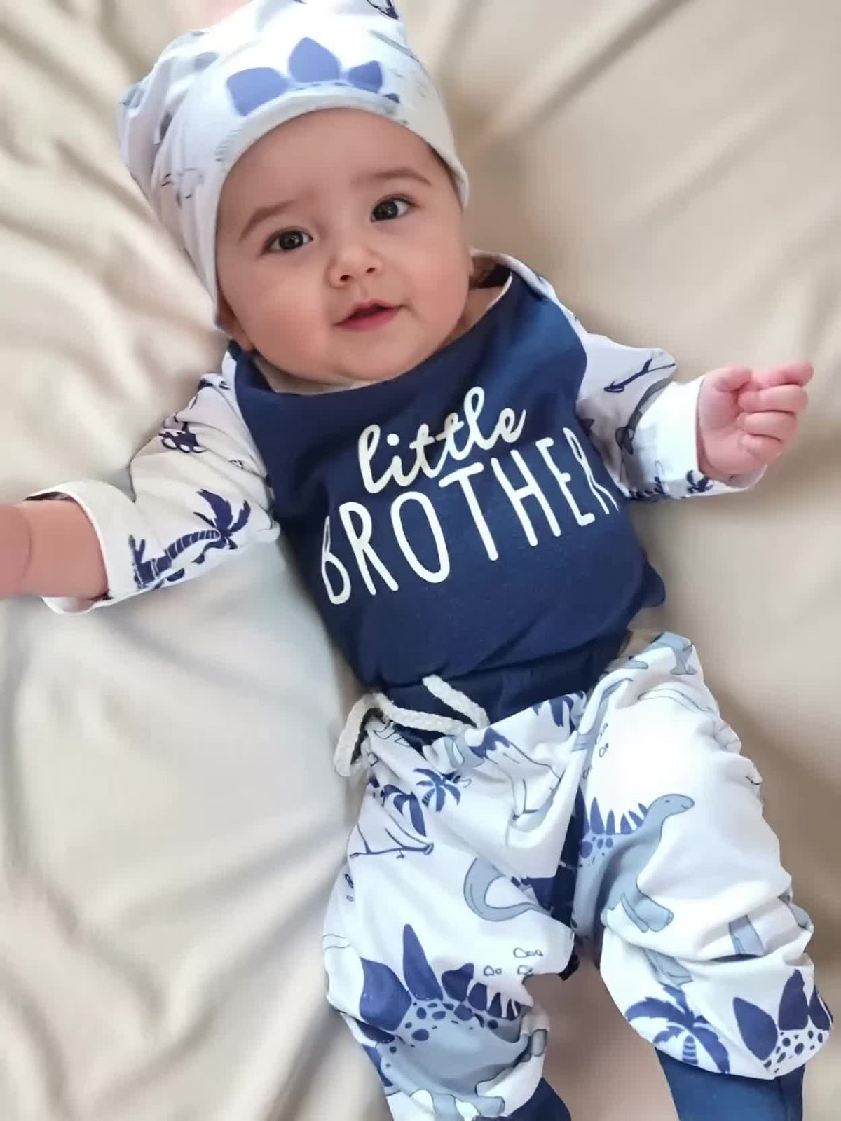 Baby Boy Outfit Set with a Little Brother Bodysuit and Dinosaur Pants in a Matching Three-Piece Design