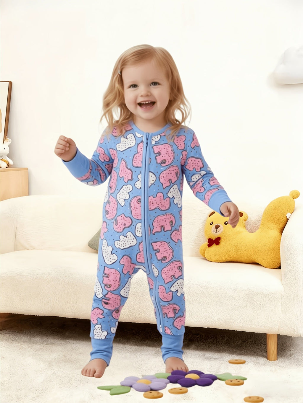 Baby and Toddler Donut Print Zip Romper in Blue with Long Sleeves and Cuffed Ankles for Everyday Dressing
