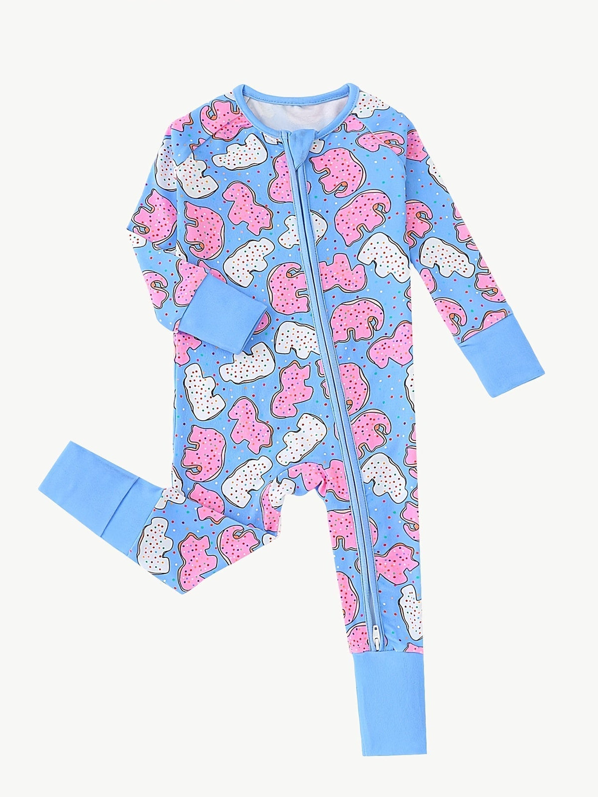 Baby and Toddler Donut Print Zip Romper in Blue with Long Sleeves and Cuffed Ankles for Everyday Dressing