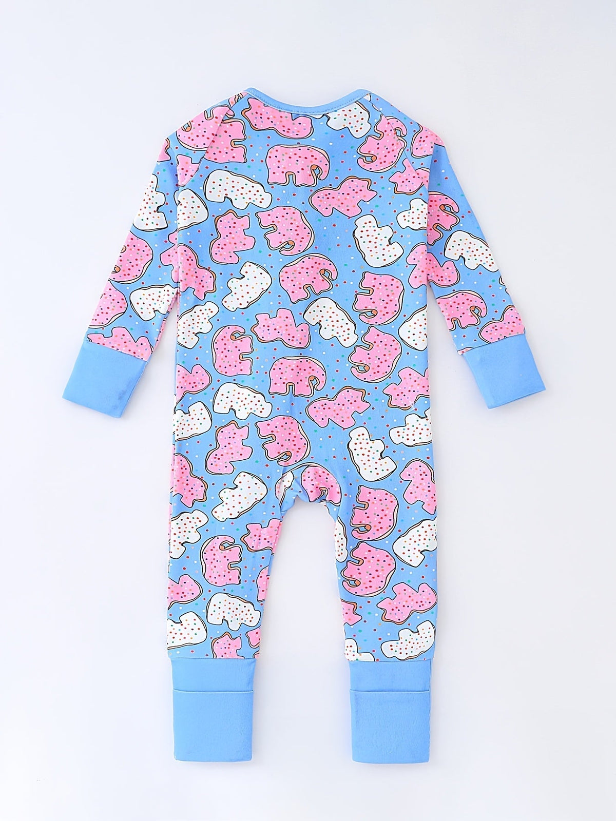 Baby and Toddler Donut Print Zip Romper in Blue with Long Sleeves and Cuffed Ankles for Everyday Dressing