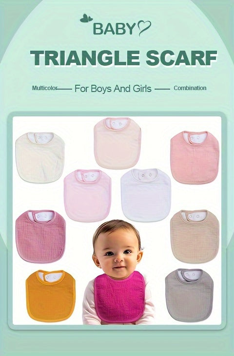 Muslin Baby Bibs in a 10 Piece Multicolor Set with Adjustable Snap Fastenings for Feeding and Drool