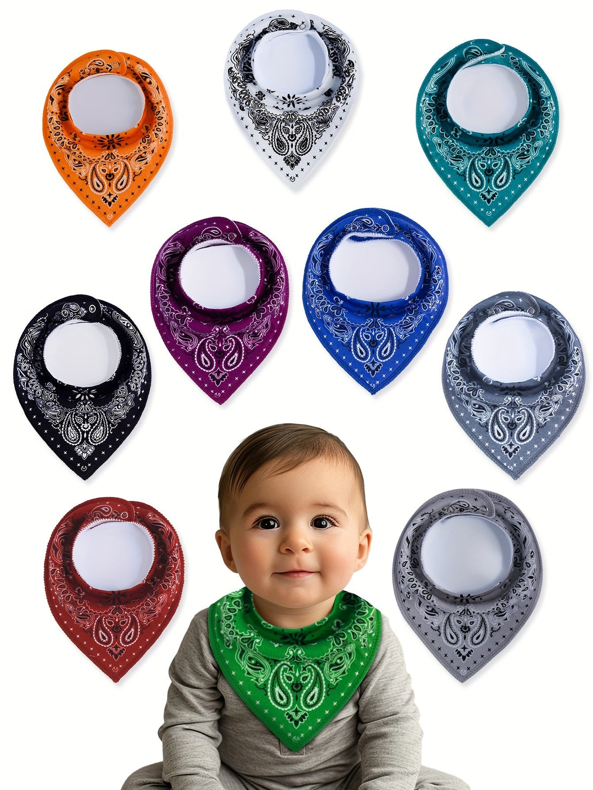 Baby Bib Ten-Pack in Colorful Paisley Bandana Designs with Adjustable Snaps and an Absorbent Fleece Back
