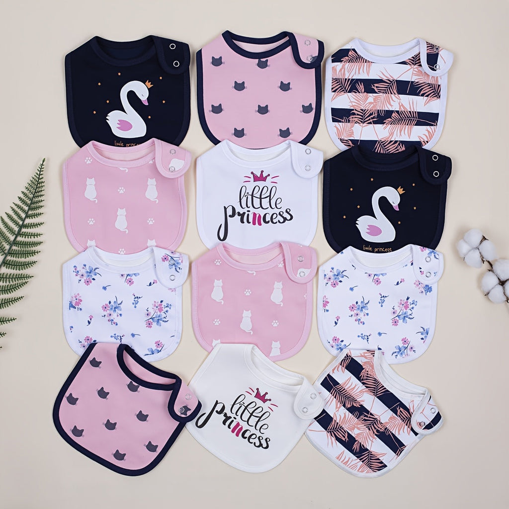 Baby Printed Feeding Bibs 12-Pack with Adjustable Snap Closures and Pink Navy Designs for Everyday Mealtimes