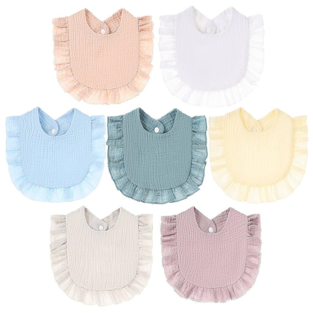 Baby Ruffled Muslin Bibs 7-Pack with Snap Closures and Coordinating Colors for Everyday Feeding and Drool Care