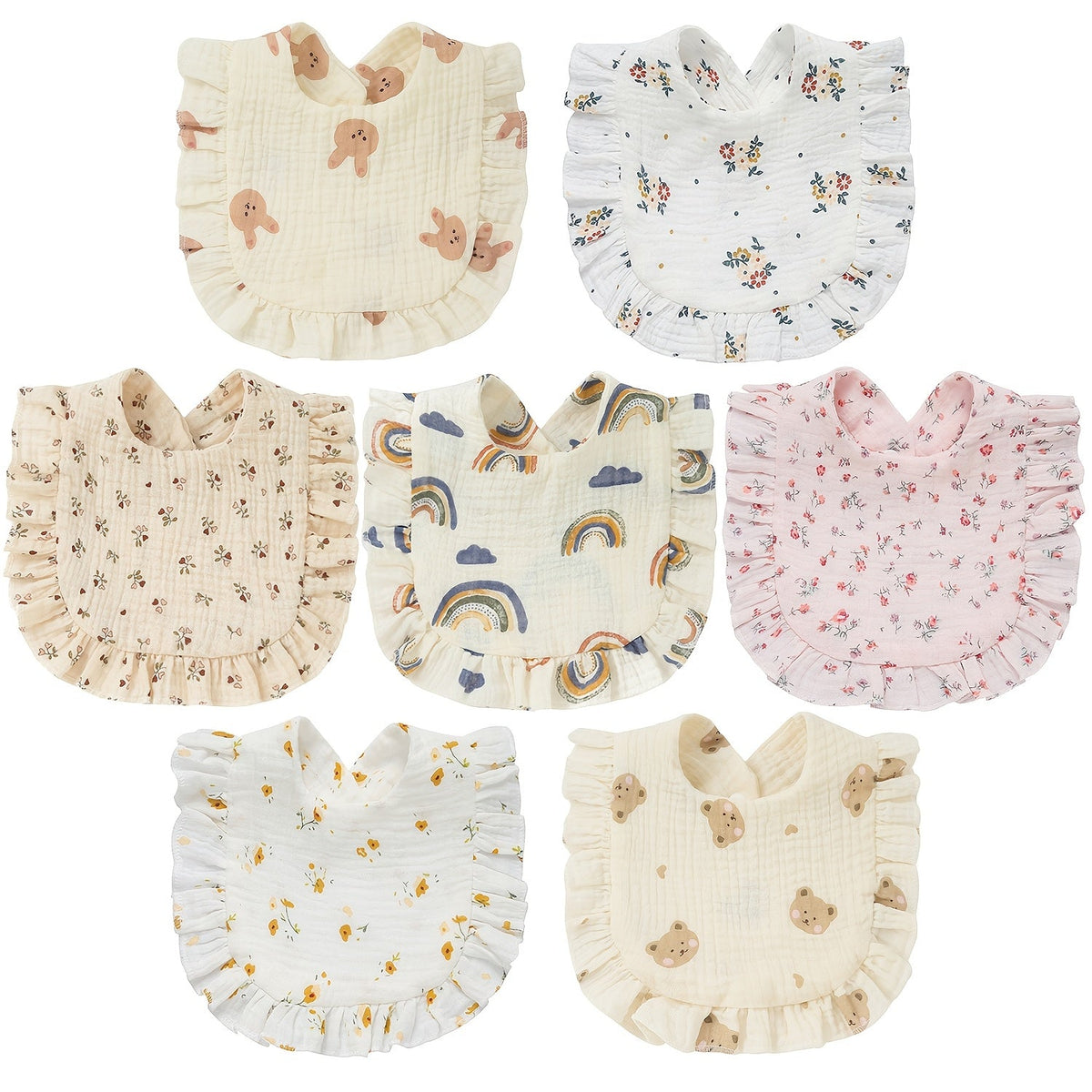 Baby Ruffled Muslin Bibs 7-Pack with Snap Closures and Coordinating Colors for Everyday Feeding and Drool Care