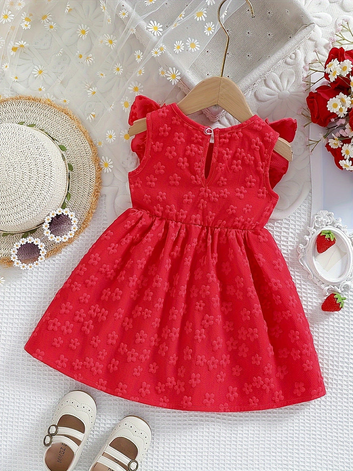 Baby Girls' Floral Texture Dress with Ruffled Shoulders and a Front Bow for Summer Family Occasions