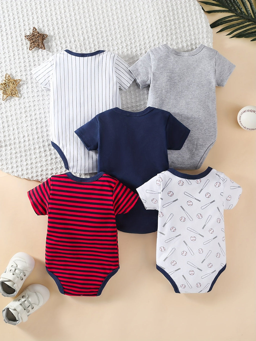 Baby Boys' Sports Bodysuits 5-Pack with Short Sleeves and Crotch Snaps in Baseball-Themed Everyday Prints