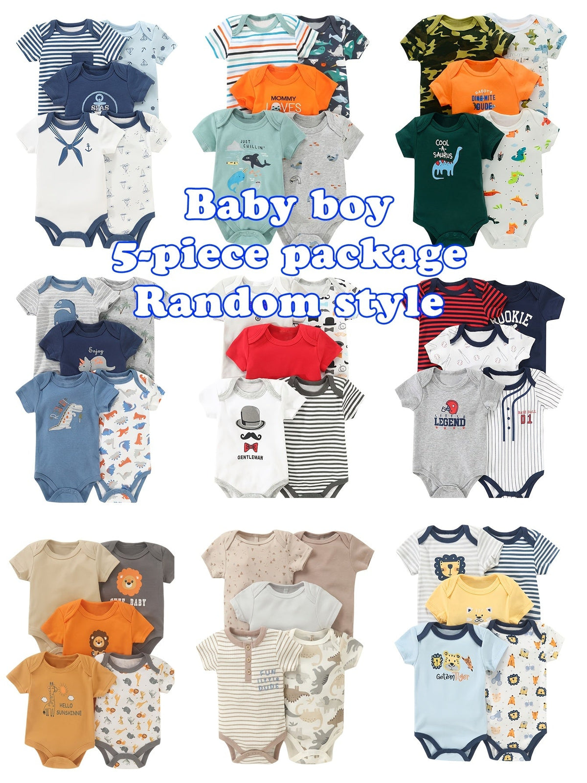Baby Boy Cotton Bodysuits Five Pack in Random Cartoon and Sports Designs with Short Sleeves and Snap Bottoms