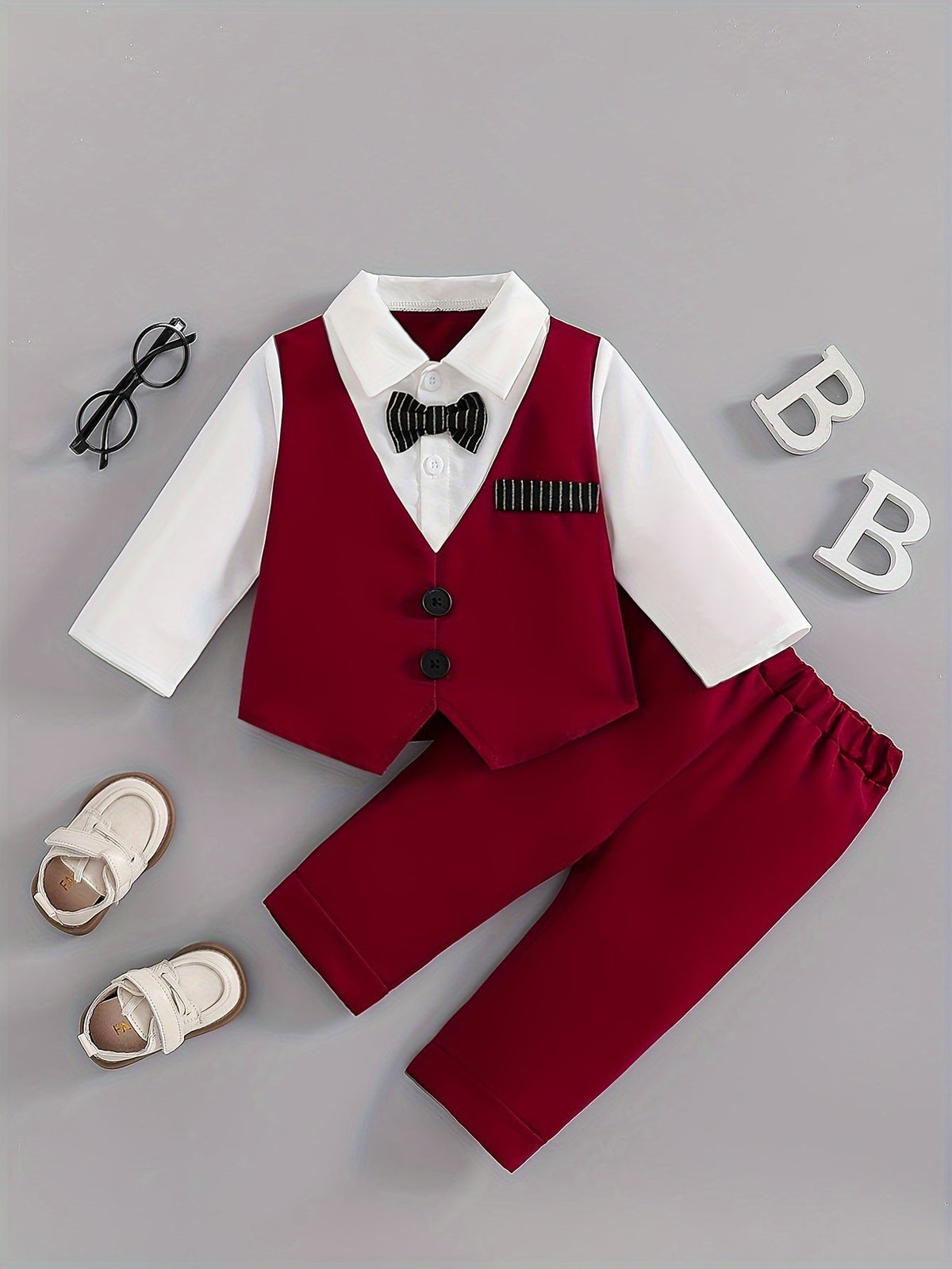 Baby Boy Mock Vest Shirt and Pants Outfit with a Bow Tie Detail and Long Sleeves for Birthday Parties