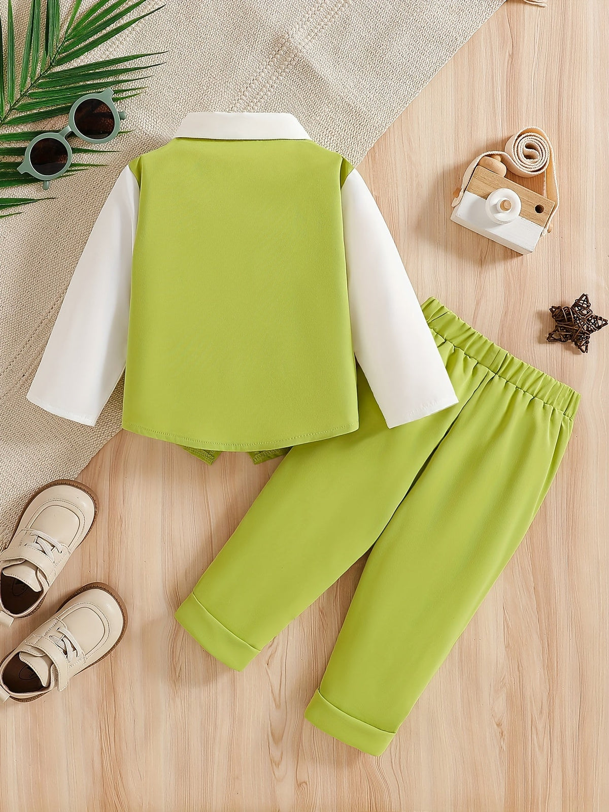 Baby Boy Mock Vest Shirt and Pants Outfit with a Bow Tie Detail and Long Sleeves for Birthday Parties