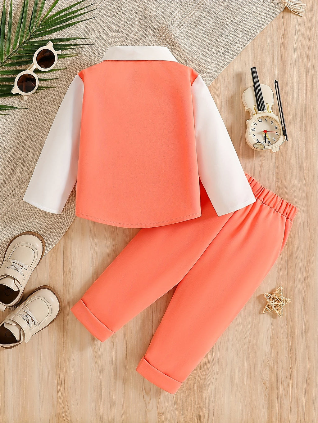 Baby Boy Mock Vest Shirt and Pants Outfit with a Bow Tie Detail and Long Sleeves for Birthday Parties