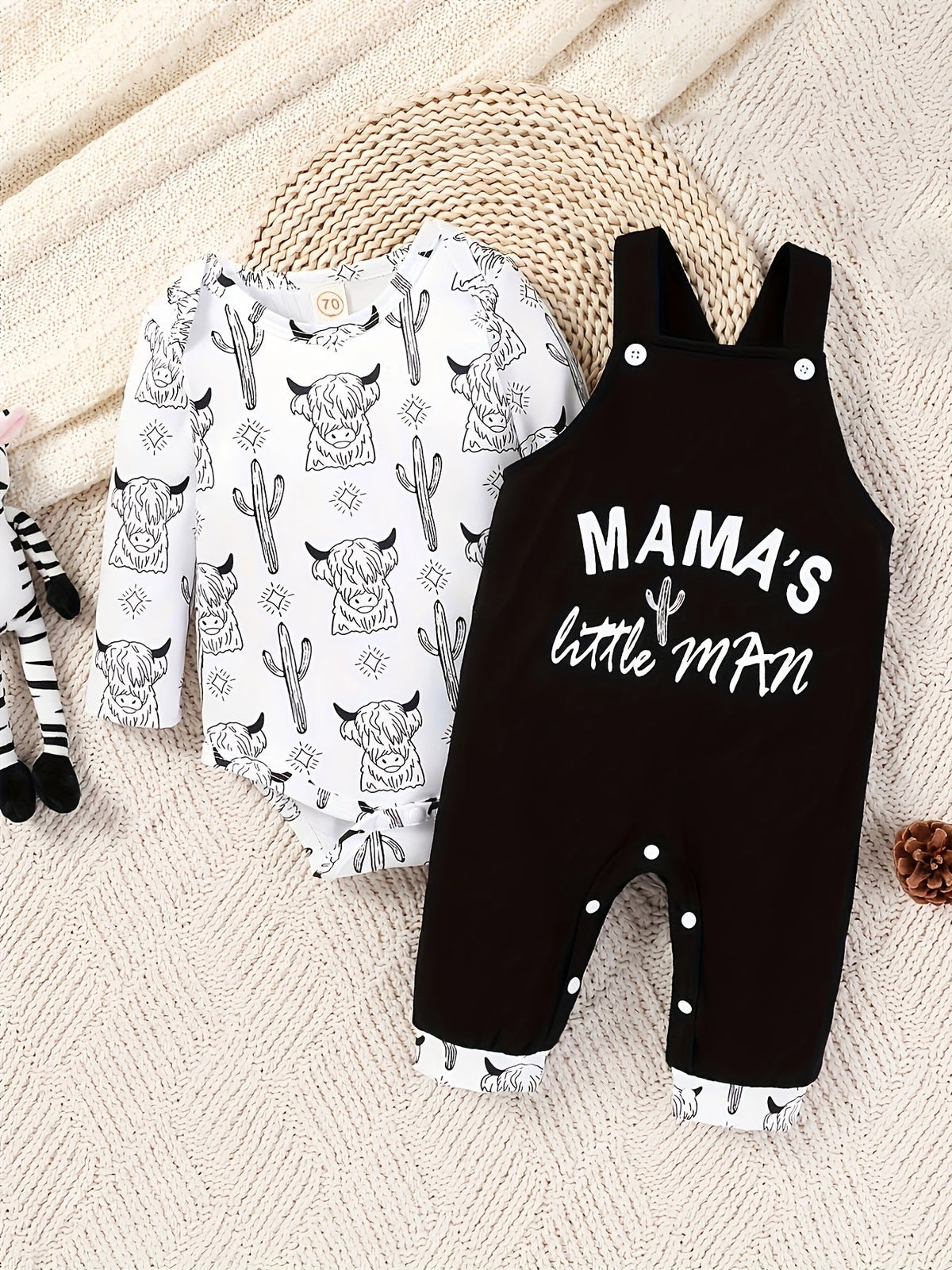 Baby Boy Cow Print Bodysuit and Black Overalls Set with Mama's Little Man Lettering in Size 12-18 Months