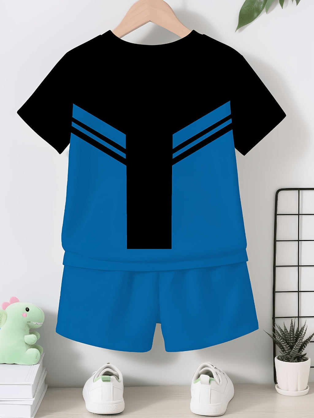 Baby Boys' Color Block T-Shirt and Shorts Set with Bold Letter Graphics for Casual Summer Outfits