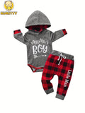 Baby Boy Mama's Boy Hooded Bodysuit and Red Plaid Pants Set with Long Sleeves for Everyday Outfits