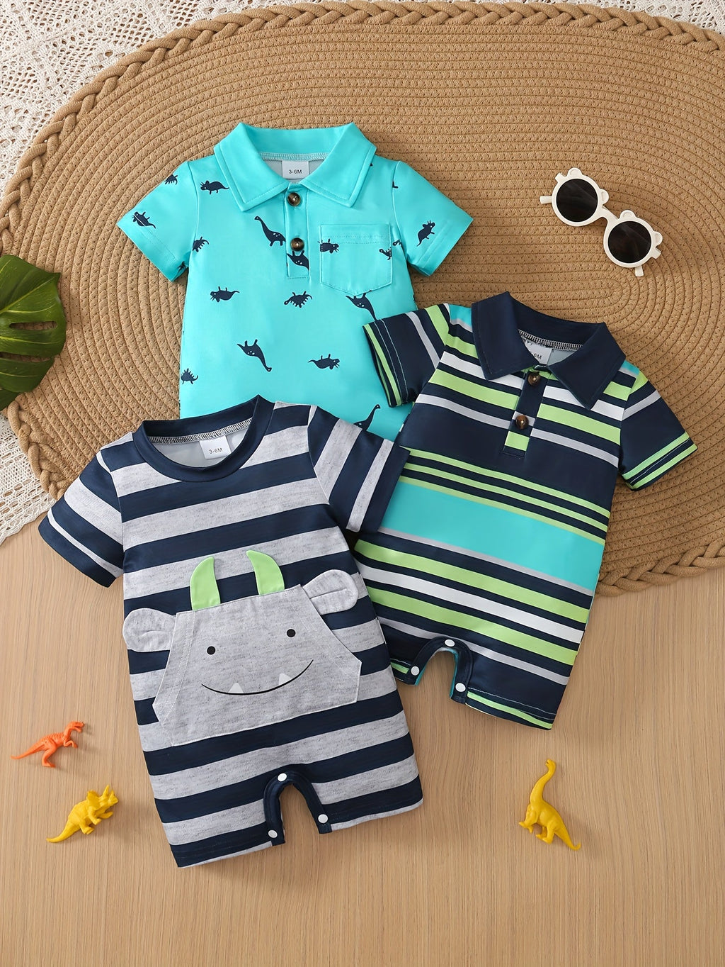 Baby Boys' Short Sleeve Rompers 3-Pack with Stripes and Dinosaur Prints in a Coordinated Summer Mix