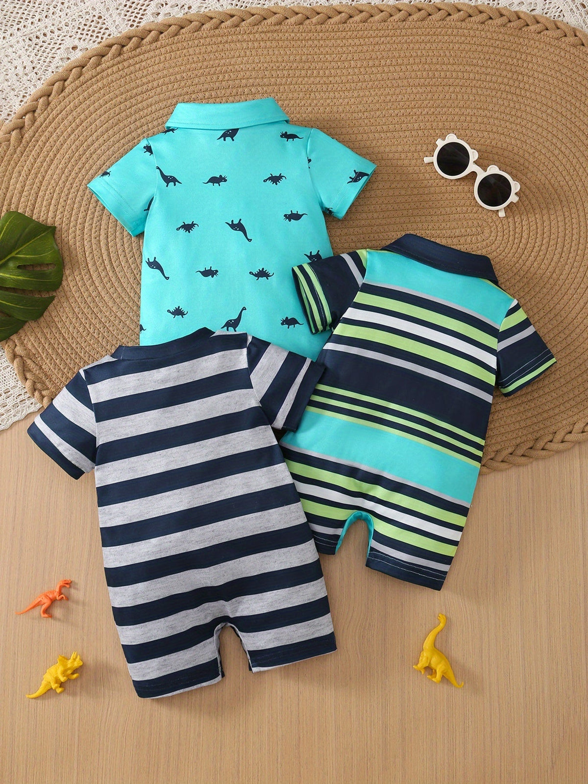 Baby Boys' Short Sleeve Rompers 3-Pack with Stripes and Dinosaur Prints in a Coordinated Summer Mix