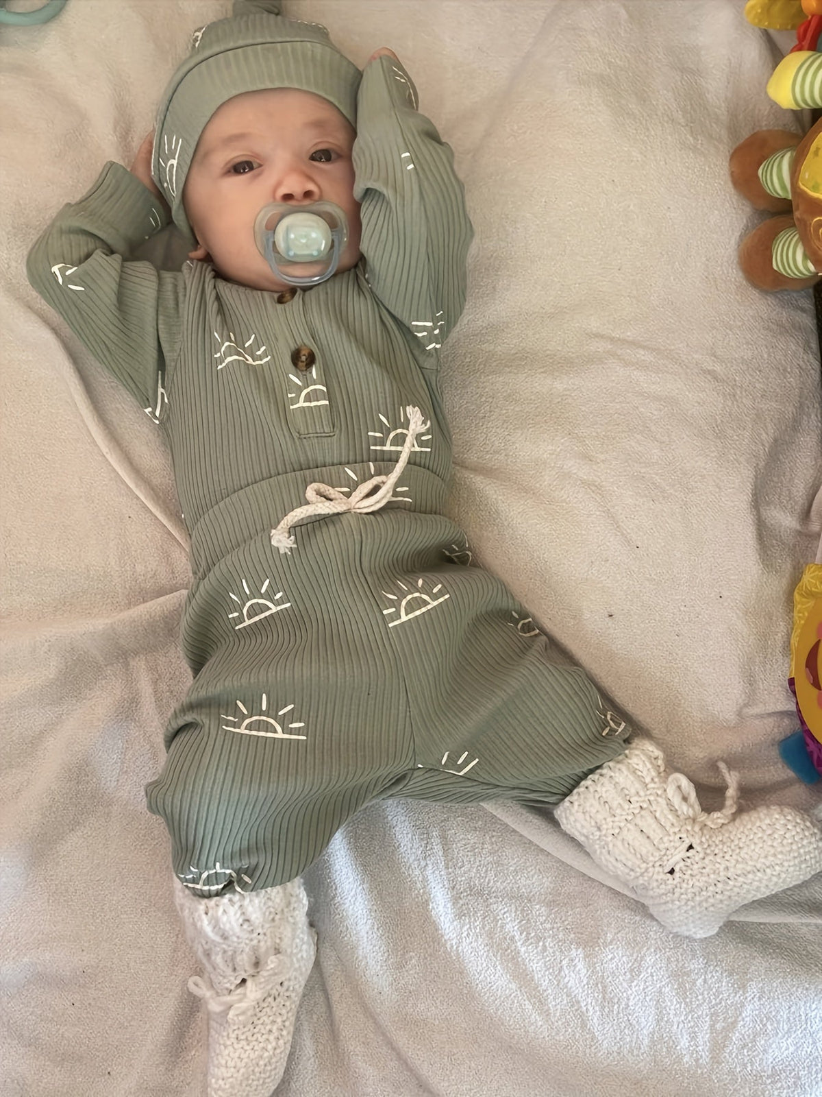 Baby Boys' Sun Print Three Piece Outfit Set Featuring a Ribbed Long Sleeve Bodysuit, Pants and Knotted Hat