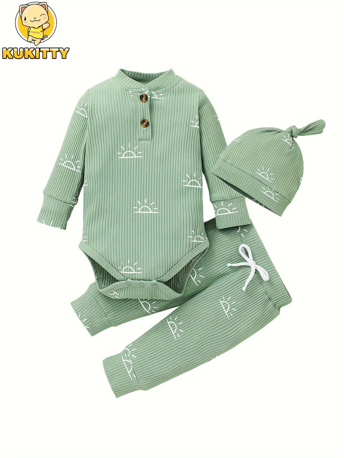 Baby Boys' Sun Print Three Piece Outfit Set Featuring a Ribbed Long Sleeve Bodysuit, Pants and Knotted Hat
