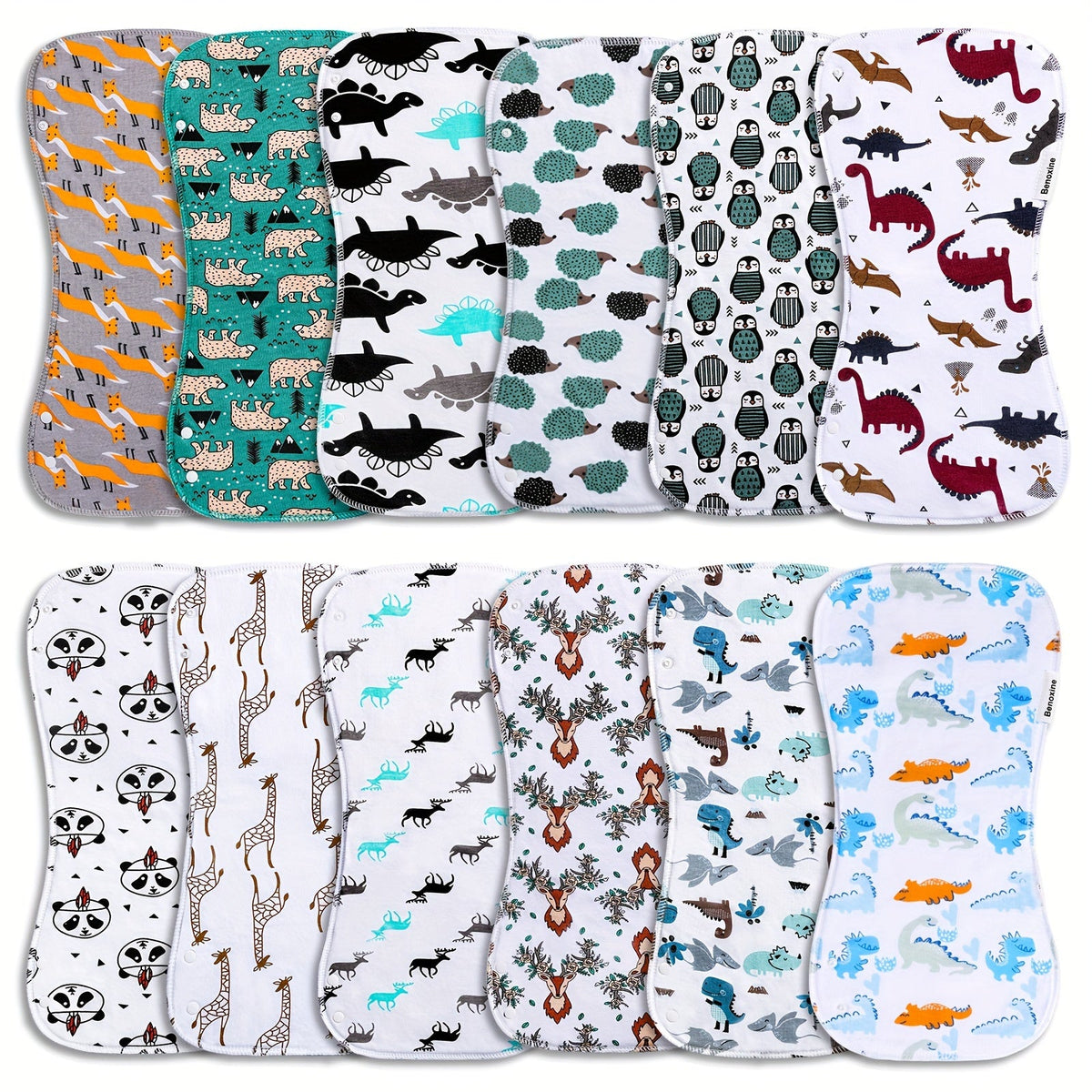 Baby Burp Cloths 12-Pack in Assorted Animal Prints, Contoured Shoulder Cloths with Cotton Outer Layers