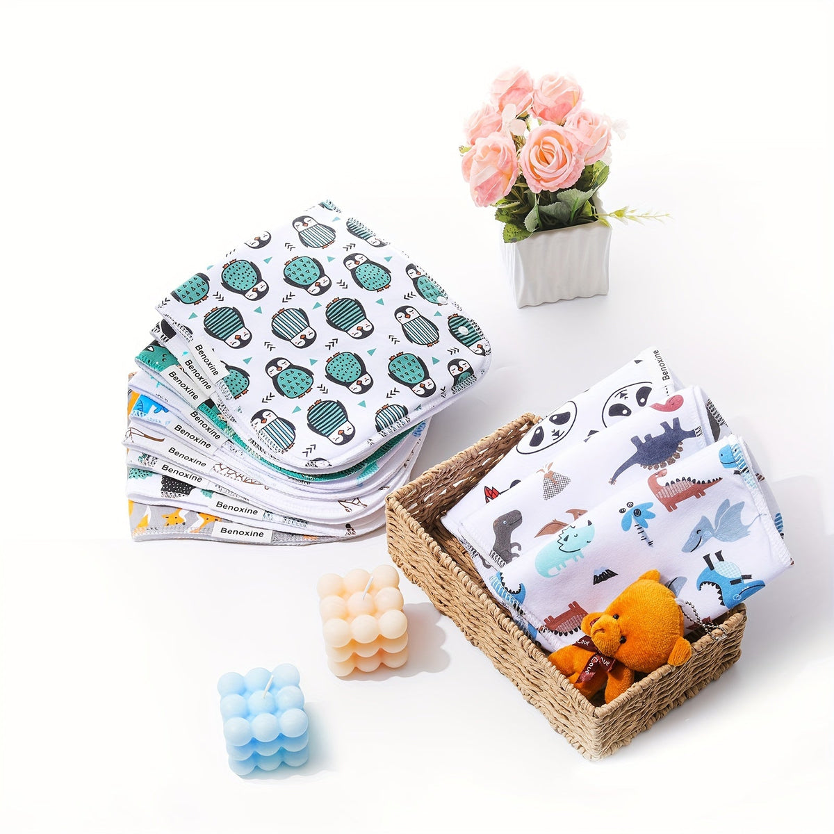 Baby Burp Cloths 12-Pack in Assorted Animal Prints, Contoured Shoulder Cloths with Cotton Outer Layers
