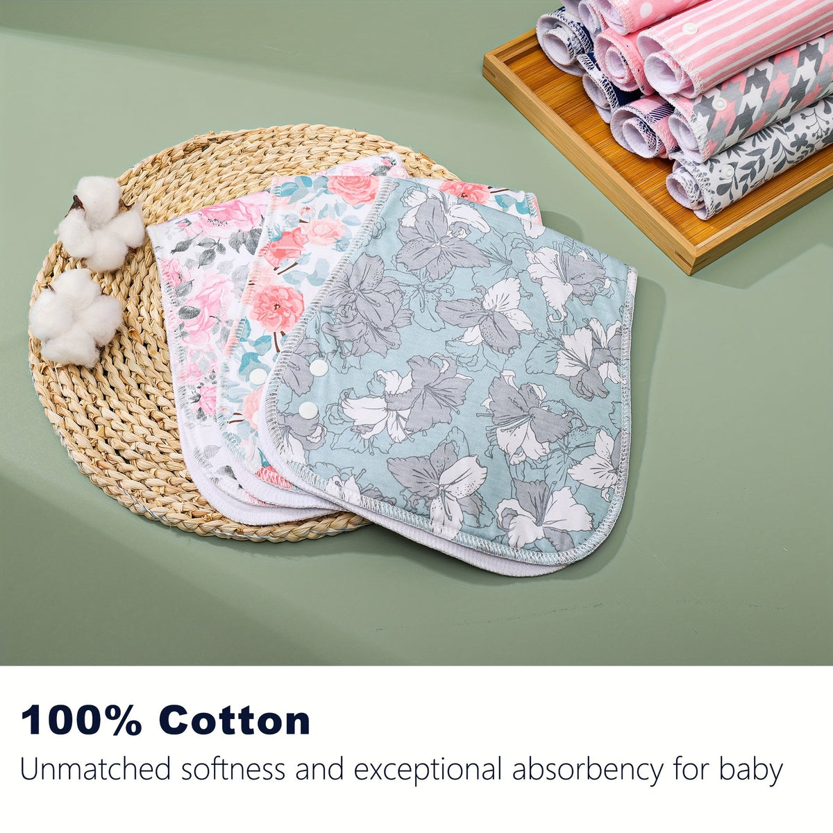 Baby Burp Cloths 12-Pack in Floral, Stripe, Check and Dot Prints with Contoured Shape and Three-Layer Design