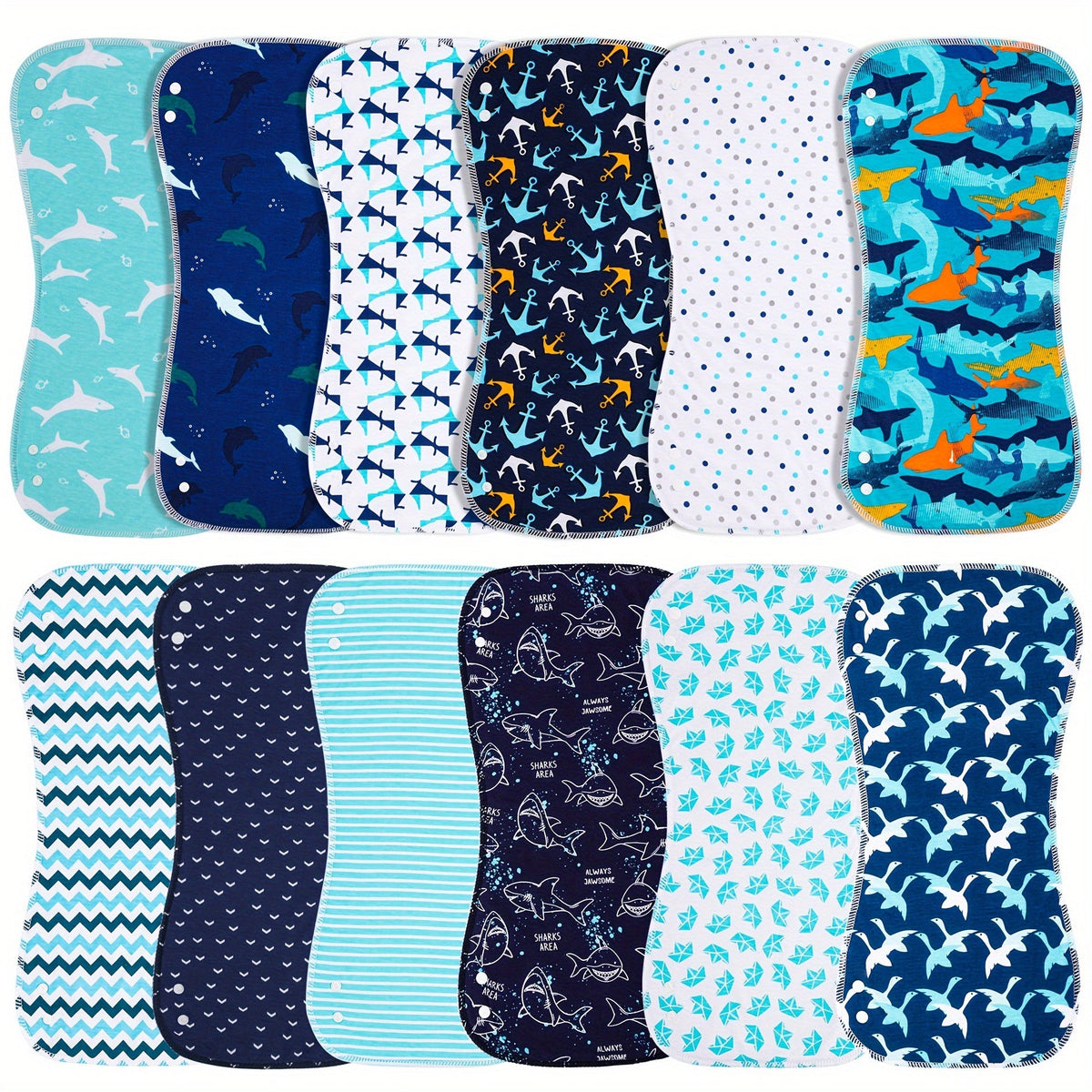 Baby Ocean Print Burp Cloths 12-Pack with Contoured Shoulder Coverage for Everyday Feeding and Burping