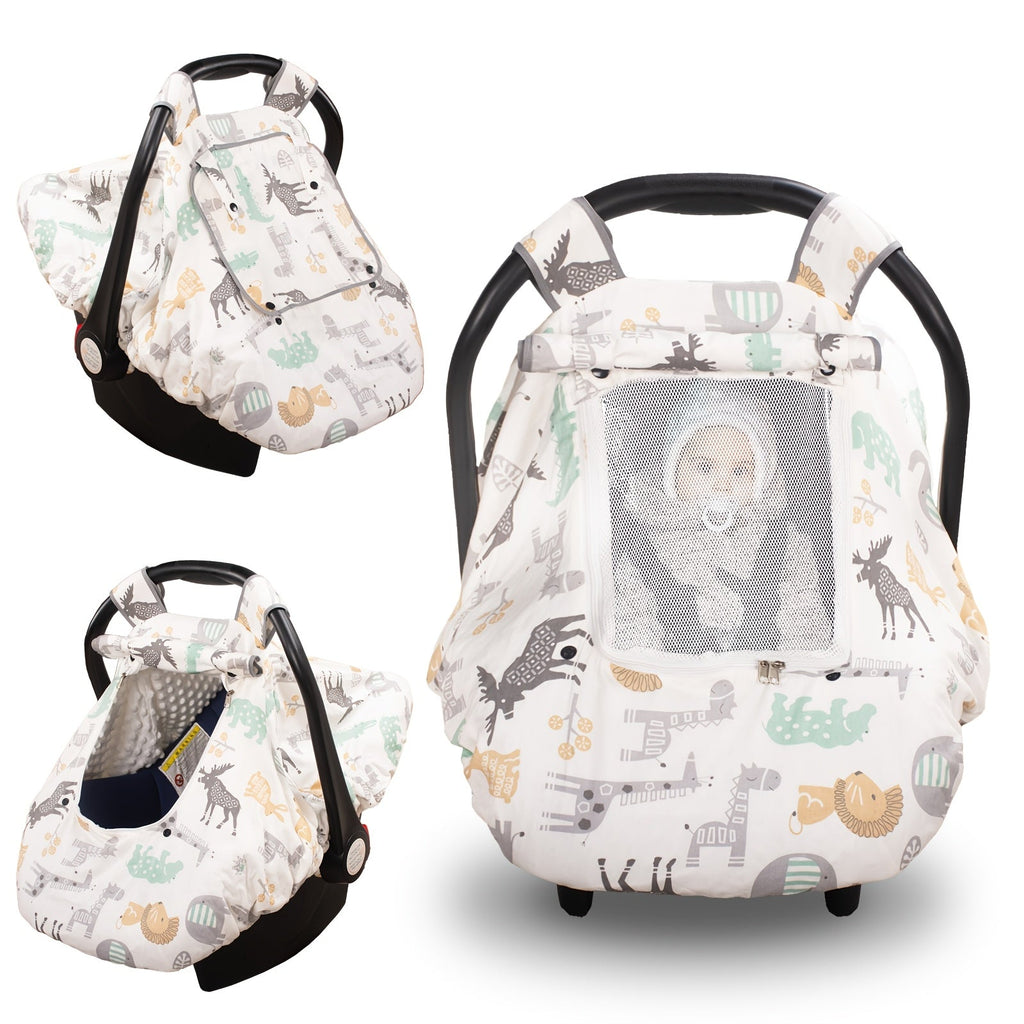 Baby Car Seat Cover, Minky a Zippered Mesh Window and Printed Outer Layer for Infant Carrier Outings