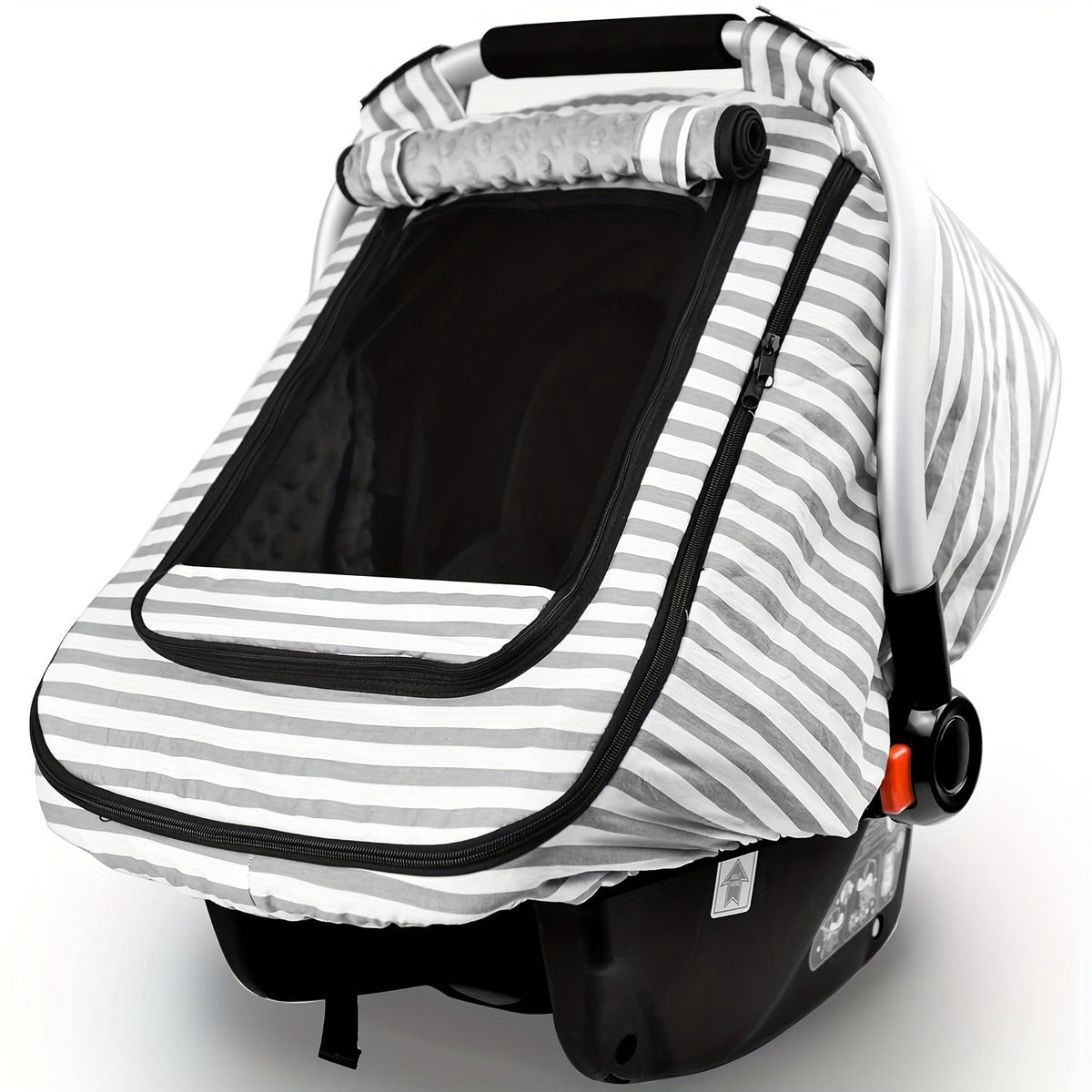 Grey Striped Baby Car Seat Cover with a Roll-Up Front Panel and Mesh Window for Infant Carrier Outings