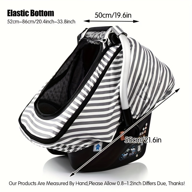 Grey Striped Baby Car Seat Cover with a Roll-Up Front Panel and Mesh Window for Infant Carrier Outings
