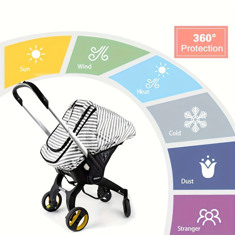 Grey Striped Baby Car Seat Cover with a Roll-Up Front Panel and Mesh Window for Infant Carrier Outings