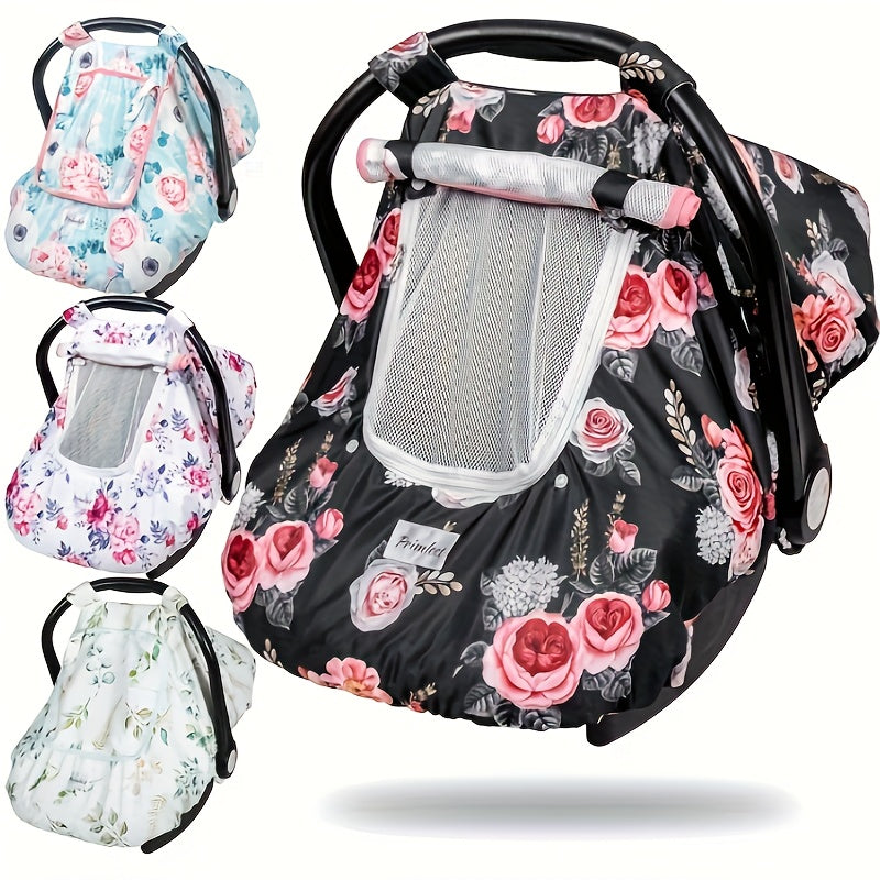 Printed Baby Car Seat Canopy with a Roll-Up Front and Mesh Window for Easy Viewing and Carrier Access