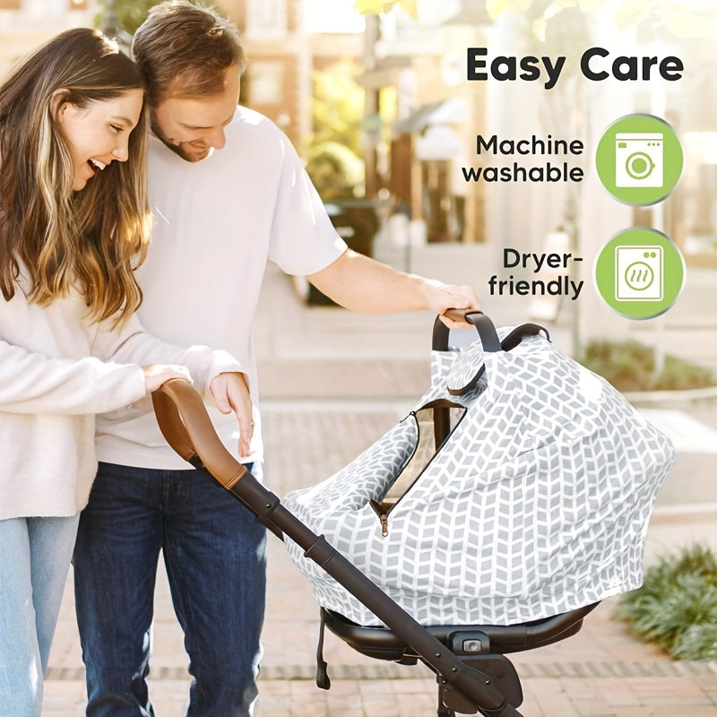 Baby Car Seat Canopy in Gray and White Geometric Print with Zip-Open Front Window and Carry Handle Opening