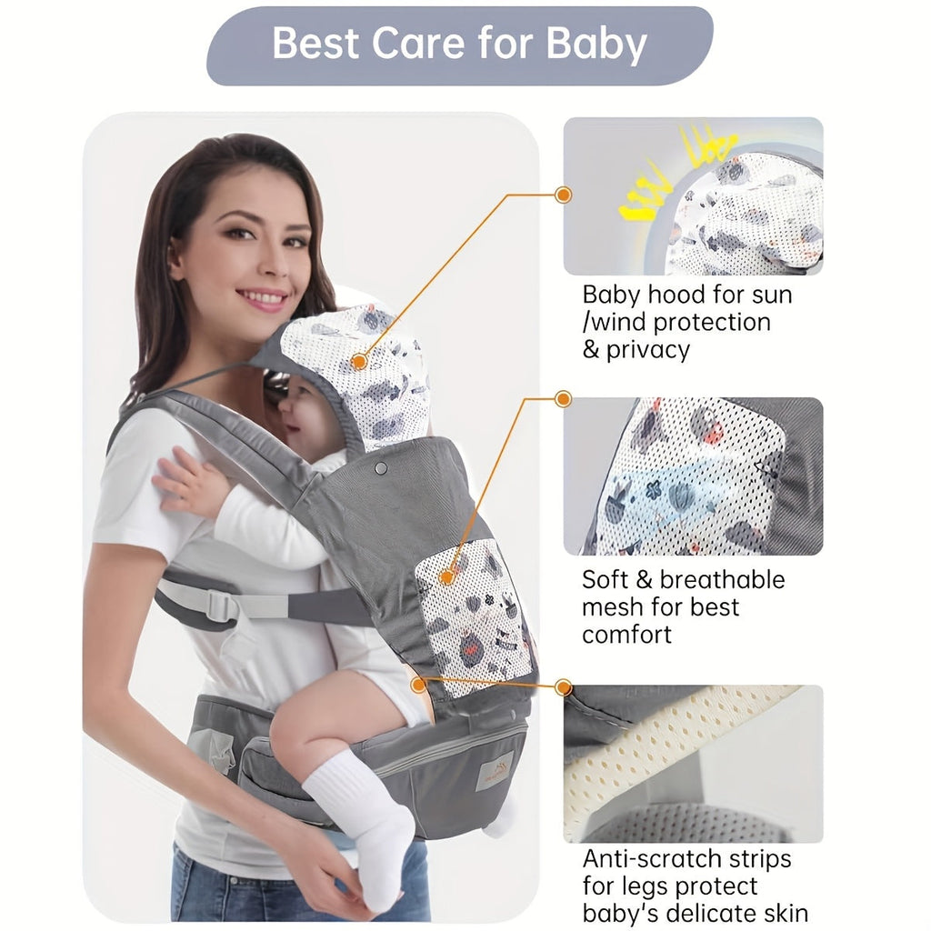 Baby Hip Carrier with a Hood and Breathable Front Panel in Gray for Adjustable Close Carrying