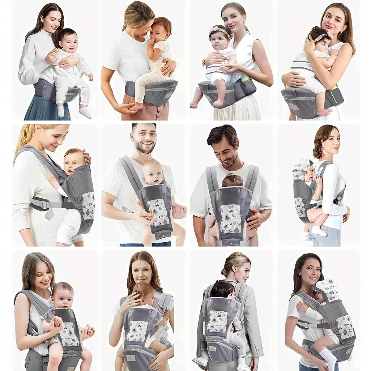 Baby Hip Carrier with a Hood and Breathable Front Panel in Gray for Adjustable Close Carrying