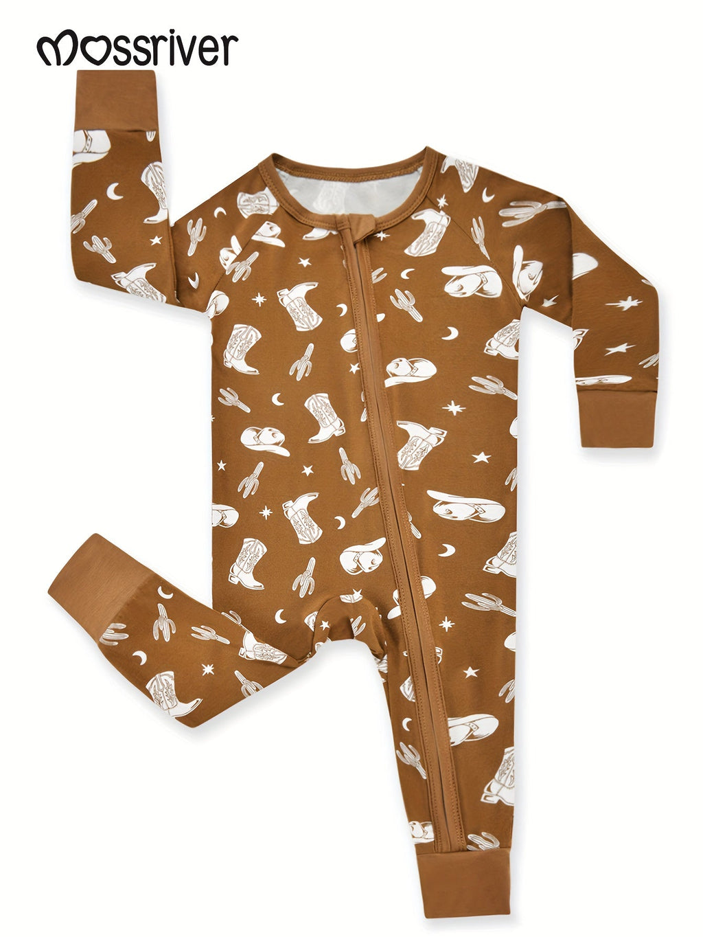 Baby Cowboy Print Romper in Coffee Brown with a Front Zipper and Long Sleeves for Everyday Outfits
