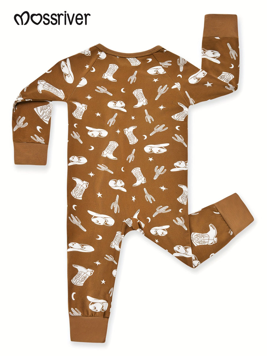 Baby Cowboy Print Romper in Coffee Brown with a Front Zipper and Long Sleeves for Everyday Outfits