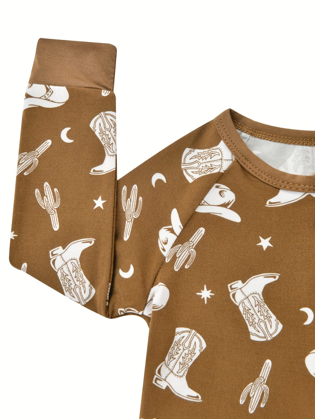 Baby Cowboy Print Romper in Coffee Brown with a Front Zipper and Long Sleeves for Everyday Outfits