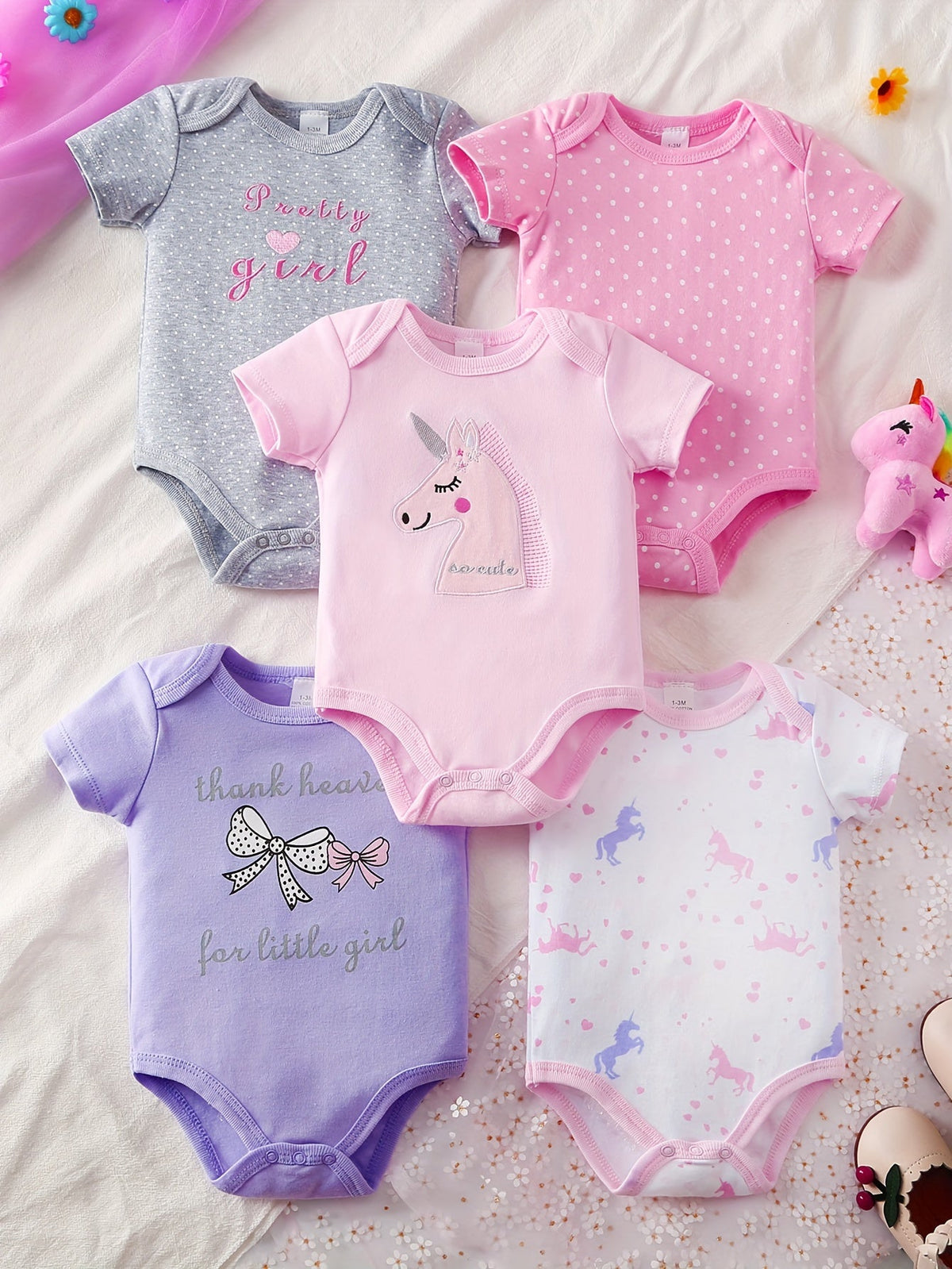 Baby Unicorn Bodysuits 5-Pack with Short Sleeves and Crotch Snaps in Pastel Prints for Everyday Outfits